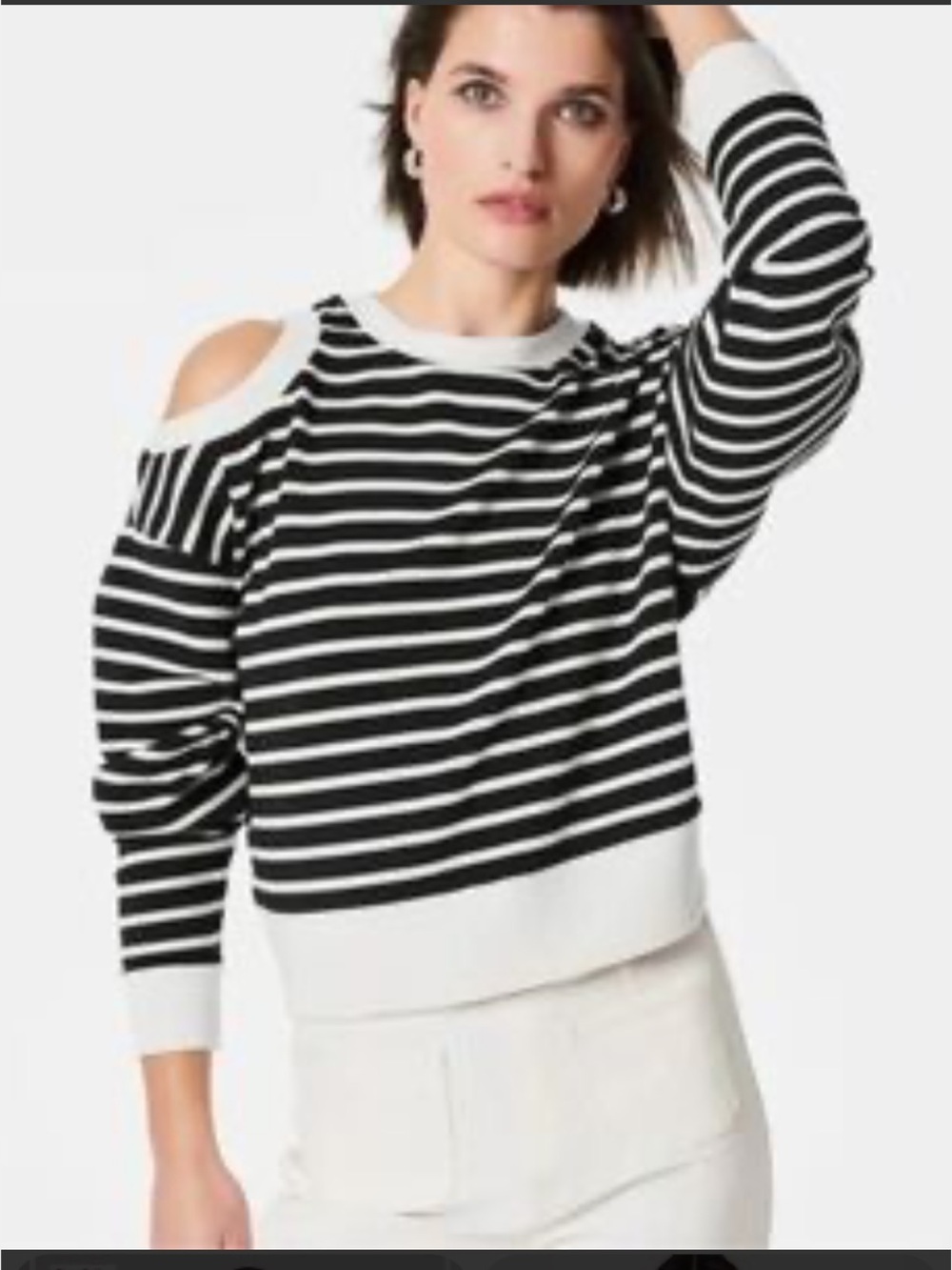 SPANX Air Essentials Black & White Striped Cold-Shoulder Sweater